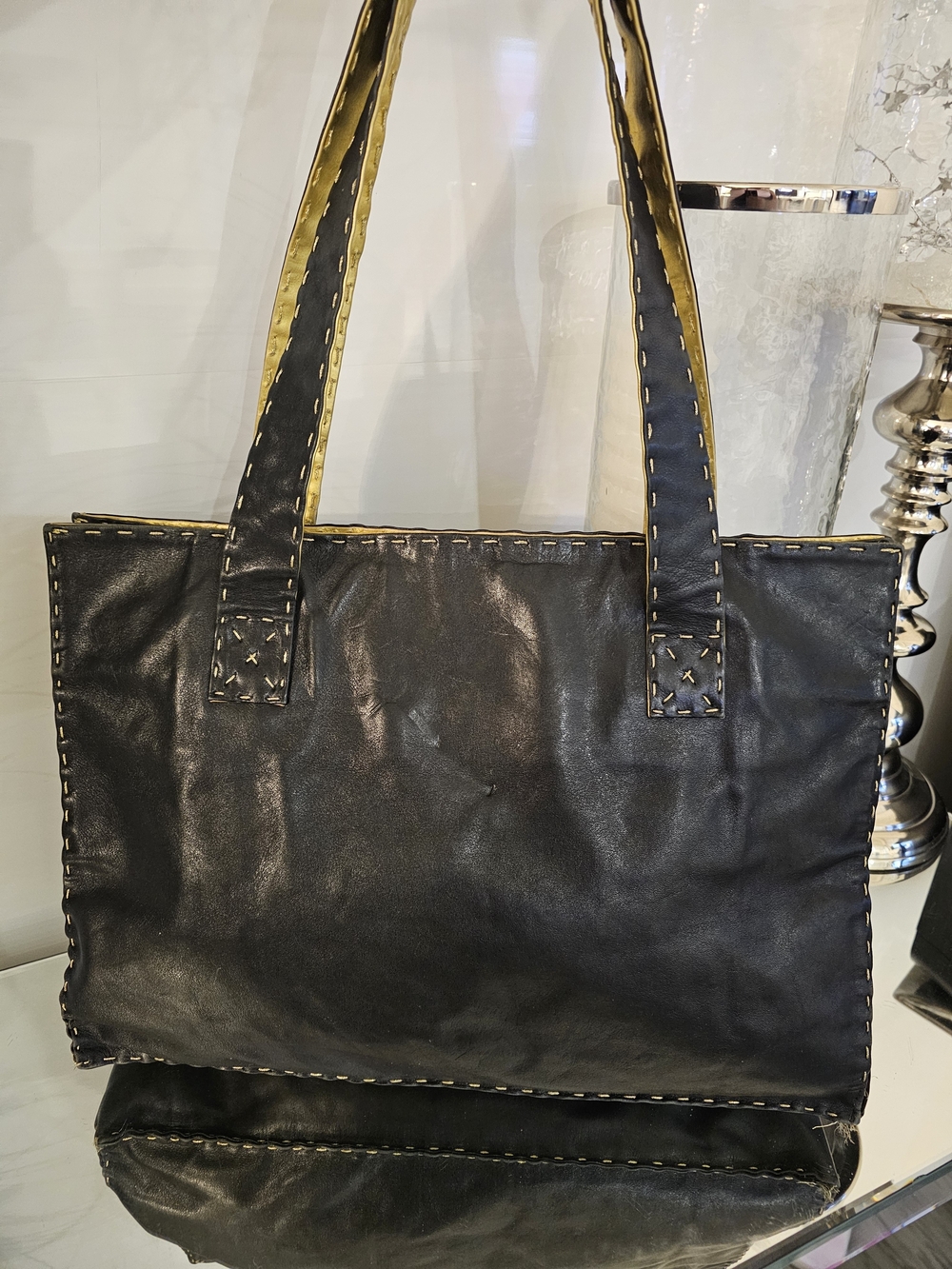 Vintage Donna Karan Black Leather Tote with Tan Stitching